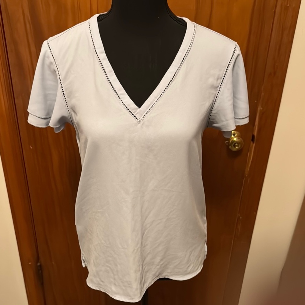 Women's Light Blue Flutter Sleeves V-Neck Top